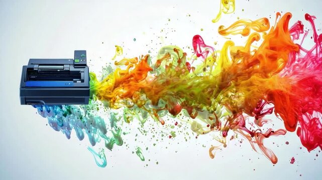 Vibrant Ink Splash Effect with Printer on White Background for Creative Graphic Design and Marketing Projects
