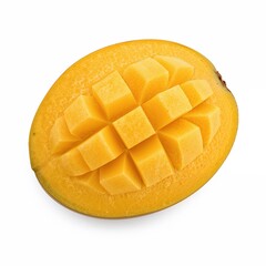 Juicy ripe mango half with diced sections on white for fruit lovers, food photography, or vitamin-rich diet content

