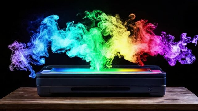 Vibrant Rainbow Smoke Effect Emanating from a Printer on a Wooden Surface with Dark Background
