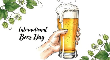 A hand holds a glass of beer with foam for international beer day isolated on white background