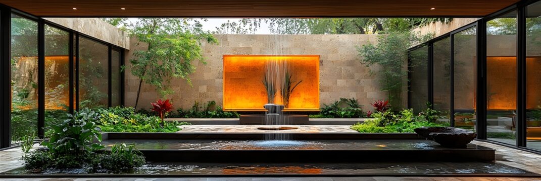 View of a serene courtyard with a water feature and lush greenery surrounded by glass walls and stone walls