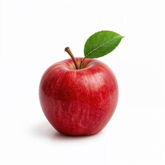 Red apple with green leaf isolated on white background for healthy food, fruit packaging, and diet-related content

