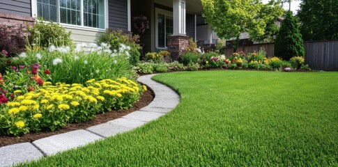 Landscaping Showcases a Vibrant Garden and Lush Lawn for Suburban Home Decor.