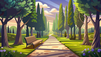 A park pathway lined with tall cypress trees leads to a small wooden bench surrounded by trimmed grass and dappled sunlight. It's the perfect place for reflection and rest