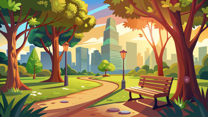 A peaceful city park featuring a wooden bench shaded by tall leafy trees, with sunlight filtering through the branches and casting soft shadows on the path