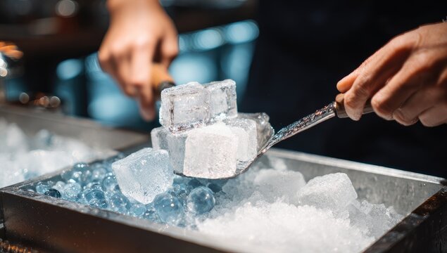 Hands scooping large ice cubes from a bin filled with smaller ice