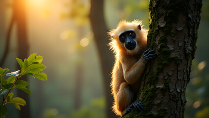 Obraz premium Golden langur in the wild, surrounded by thick jungle foliage.