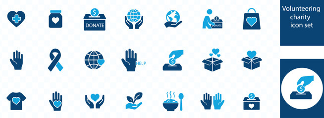 Volunteering and charity icon set. Donation, help, support, humanitarian aid, donor, volunteer, community, unity, caring and more. Outline icon in linear style.