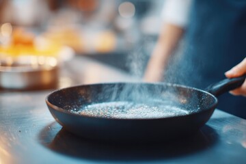 close-up of dslr capturing close-up shot of sizzling pan during master-class demo chef hands in frame kitchen background