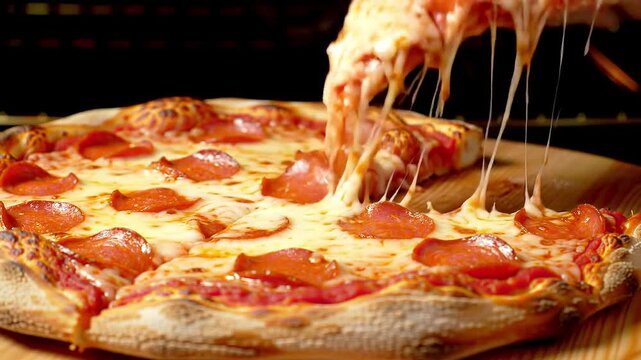 Cheese Stretch Slice Pull from Hot Deep Dish Pepperoni Pizza