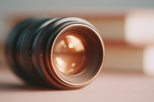 close-up of film camera lens reflecting stack of worn books captured in warm sepia-filtered light - Powered by Adobe