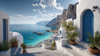 Fototapeta premium A picturesque coastal town with white buildings, blue doors, and a stunning view of the sea and cliffs under a clear sky.