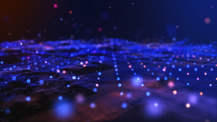 Futuristic Digital Grid with Glowing Particle Waves