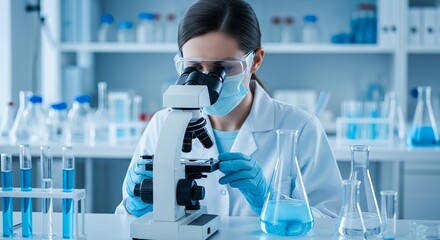 Focused Scientist Using Microscope in Modern Lab with Blue Liquid