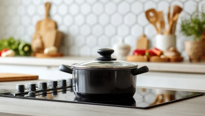 Black pot on stovetop in kitchen