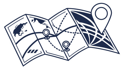 Folded World Map with Location Pins and Route Planning.