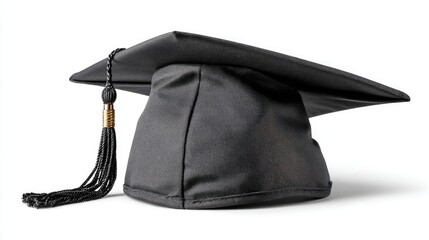 Black graduation cap with tassel on white background