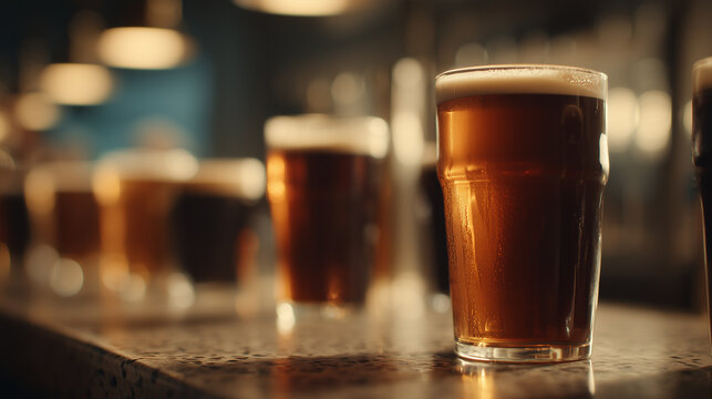 variety of draft beers in pint glasses lined up on bar counter — ideal for craft brewery promotions, international beer day, beer festival banners, or pub menu visuals