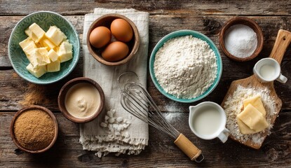 Baking ingredients arranged on a rustic wooden table