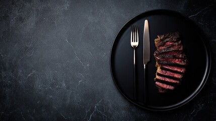 Juicy sliced beef steak on a black plate, showcasing gourmet dining and culinary excellence