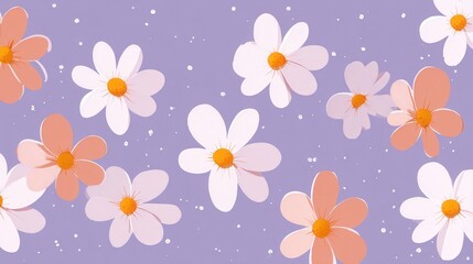 A light purple background features a colorful floral pattern with various daisy-like flowers in white, pink, and orange.