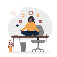 Mindfulness, woman meditating in lotus position at work in the office, trying to release stress. Break time, calm and relax. Time out, stop burnout.