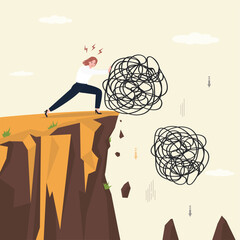 Overcome frustration, reduce tension, peaceful life. Businesswoman push messy chaos stress off cliff. Depression and anxiety caused by stress and pressure,