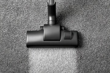 Vacuum cleaner head on gray carpet, cleaning