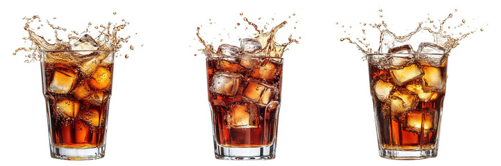 Set of Refreshing Splash of Cola in Glass with Ice Cubes Isolated on Transparent Background