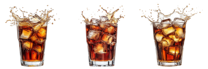 Set of Refreshing Splash of Cola in Glass with Ice Cubes Isolated on Transparent Background
