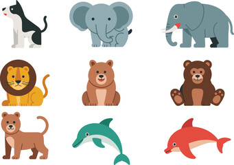 Collection of nine flat design cartoon animals including dog elephant lion bear dolphin