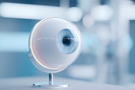 close-up of ophthalmology model eye on display stand led ring on instrument visible