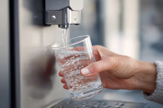 A hand fills a glass with water from a dispenser - Powered by Adobe