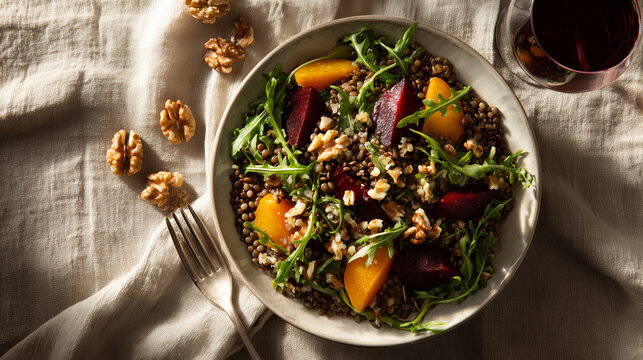 lentil Vegan Bowl with Leafy Greens and beetroots and rocket leaves