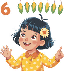 Child learning numbers with corn, educational preschool illustration, playful number six design, colorful teaching material, counting activity for kids, fun vector