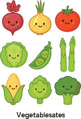 Colorful cartoon vegetables with smiling faces, broccoli, beetroot, tomato, onion, cabbage, corn, peas, promoting healthy food and lifestyle