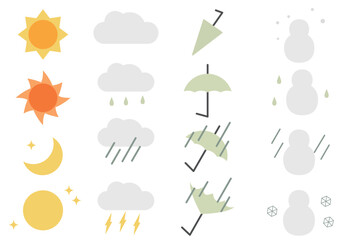 シンプルな天気マークのイラストセット(晴れ・くもり・雨・雪)