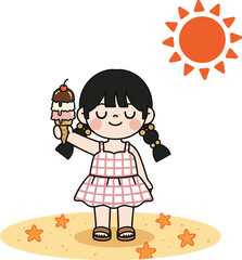 Cute girl enjoying ice cream on beach, summer cartoon character, sunny day illustration, playful fun scene, children's content, vector drawing