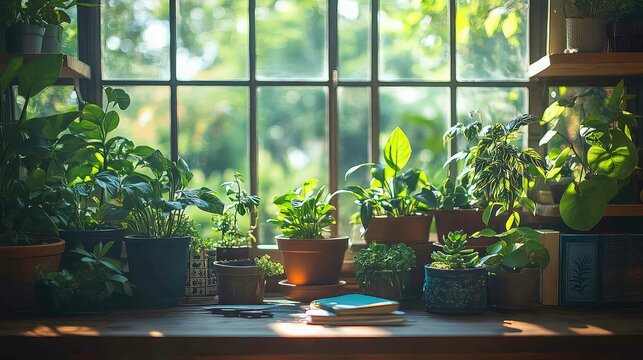 Indoor plants arranged in hobby settings with pots, tools, plant care books, and natural lighting for home gardening, plant parenting, and relaxing botanical lifestyle visuals