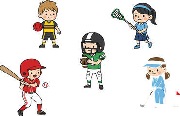 Kids playing multiple sports outdoors, cartoon activity illustration, teamwork and fun, golf, football, lacrosse, healthy lifestyle, vector character art