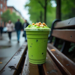 green matcha filled with chocolate on a bench