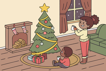 Children placing ornaments on a Christmas tree as parent enjoys hot cocoa in cozy living room with gift boxes