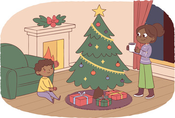 Children decorating Christmas tree with lights and ornaments while parent watches warmly, cocoa mug in hand nearby