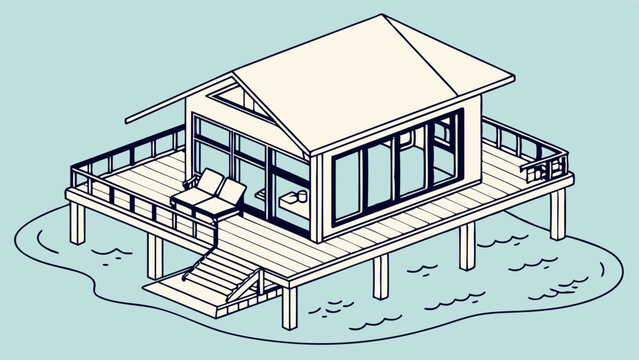 Isometric stilt house with deck stairs and ocean view.