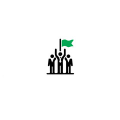 A simple icon depicting three figures with a green flag in a minimalist style