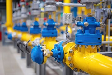 Industrial pipeline system featuring blue and yellow valves and gauges in a modern facility