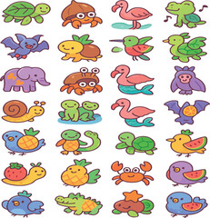 Seamless pattern of funny and cute cartoon animals in colorful nature design