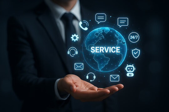 Businessman Presenting Global Digital Service Icons and Communication Tools