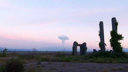 Ruins of buildings with vegetation and a mushroom cloud in the distance at dusk or early morning
