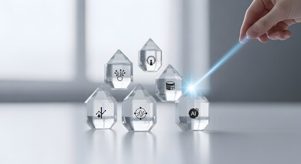 Conceptual data encryption Visualizing cybersecurity solutions with layered crystal icons symbolizing data protection and digital technology.